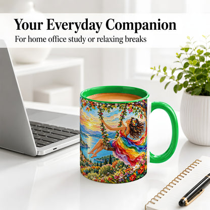 #pl[11oz|Green] Rainbow Swing Woman Accent Mug with Mountain Lake Scenic Artwork