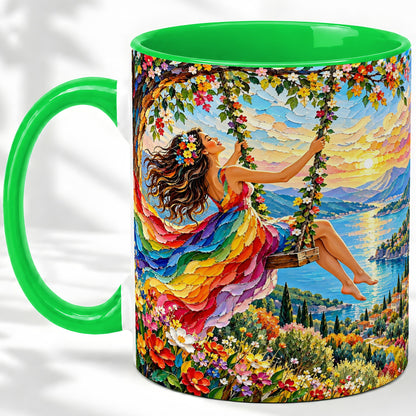#pl[11oz|Green] Rainbow Swing Woman Accent Mug with Mountain Lake Scenic Artwork