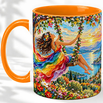 #pl[11oz|Orange] Rainbow Swing Woman Accent Mug with Mountain Lake Scenic Artwork