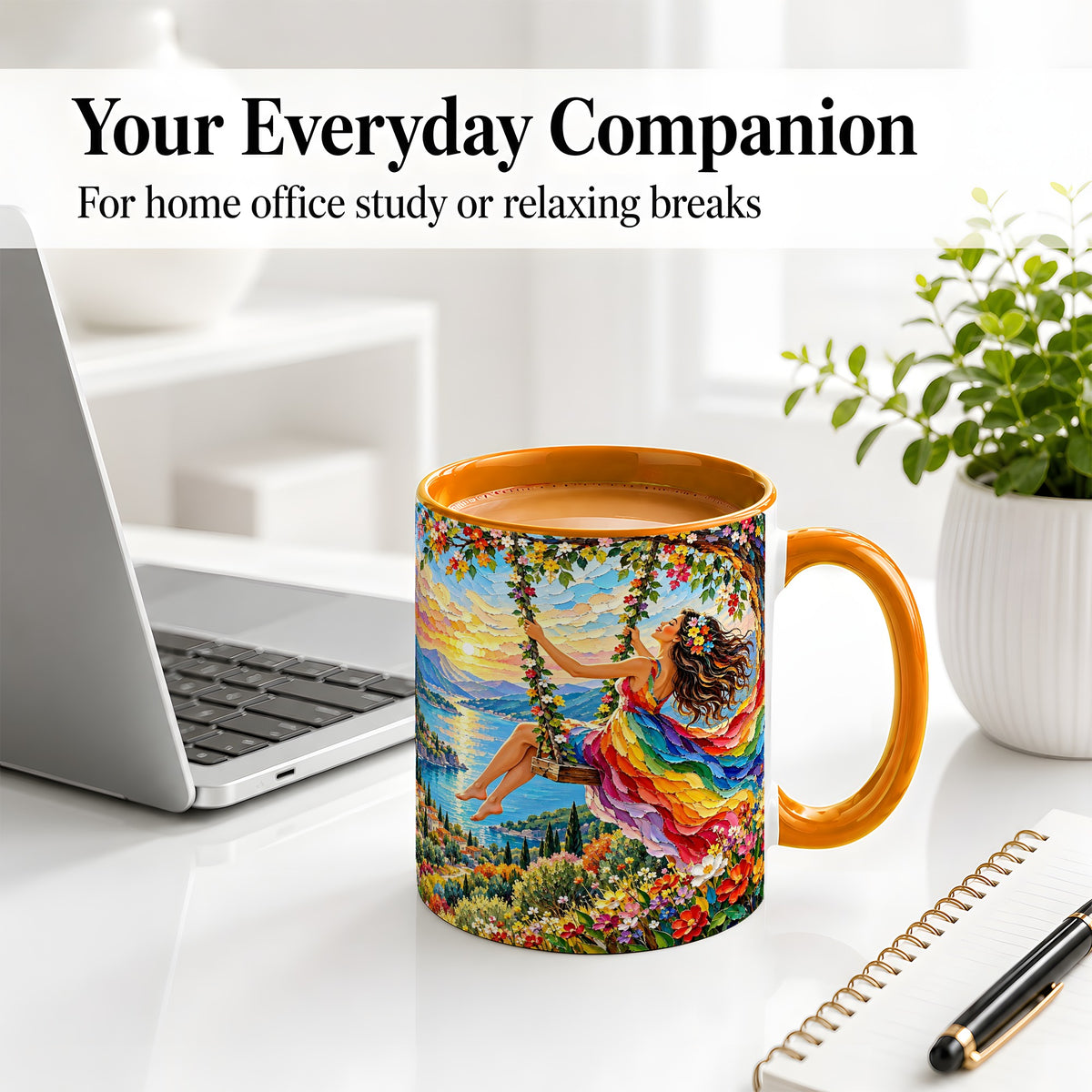 #pl[11oz|Orange] Rainbow Swing Woman Accent Mug with Mountain Lake Scenic Artwork