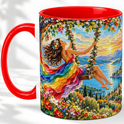 Rainbow Swing Woman Accent Mug with Mountain Lake Scenic Artwork