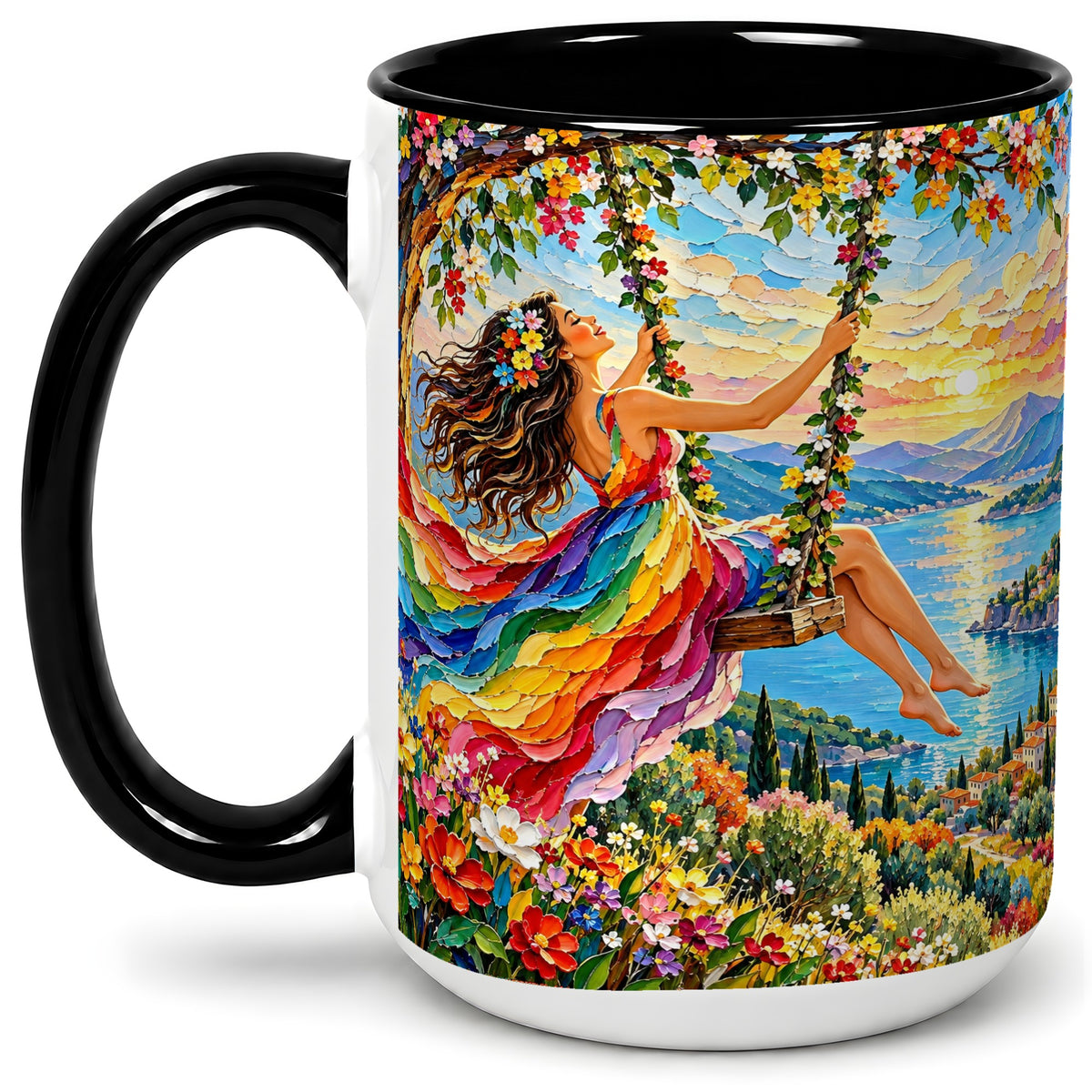 #pl[15oz|Black] Rainbow Swing Woman Accent Mug with Mountain Lake Scenic Artwork