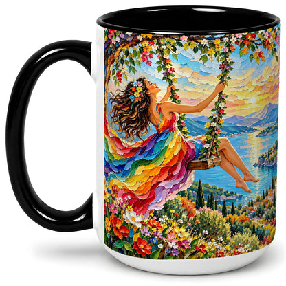#pl[15oz|Black] Rainbow Swing Woman Accent Mug with Mountain Lake Scenic Artwork