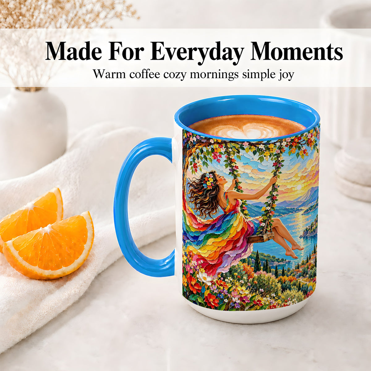 #pl[15oz|Blue] Rainbow Swing Woman Accent Mug with Mountain Lake Scenic Artwork