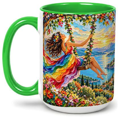 #pl[15oz|Green] Rainbow Swing Woman Accent Mug with Mountain Lake Scenic Artwork