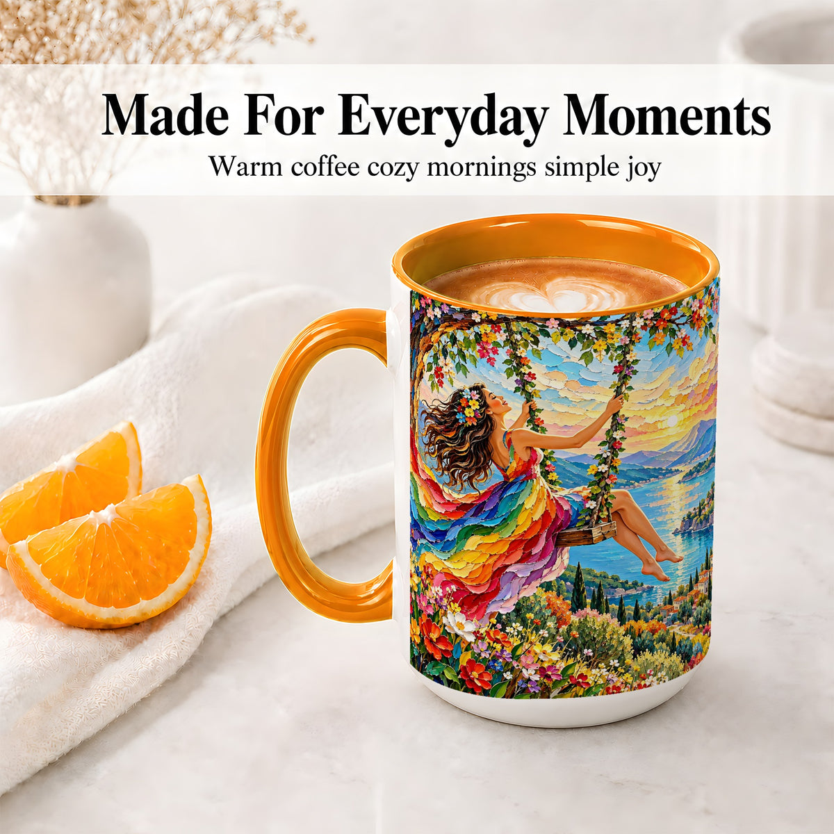 #pl[15oz|Orange] Rainbow Swing Woman Accent Mug with Mountain Lake Scenic Artwork