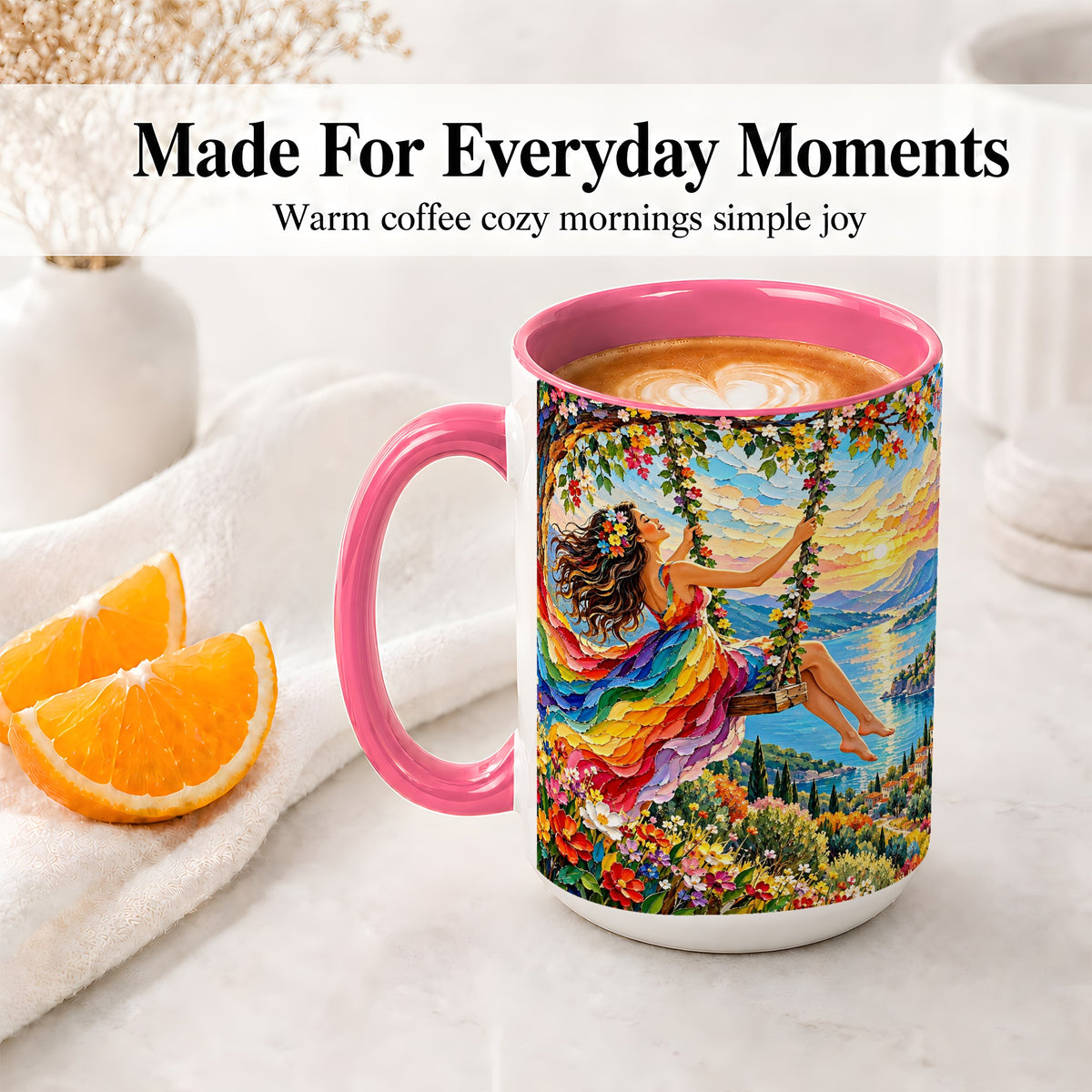 #pl[15oz|Pink] Rainbow Swing Woman Accent Mug with Mountain Lake Scenic Artwork