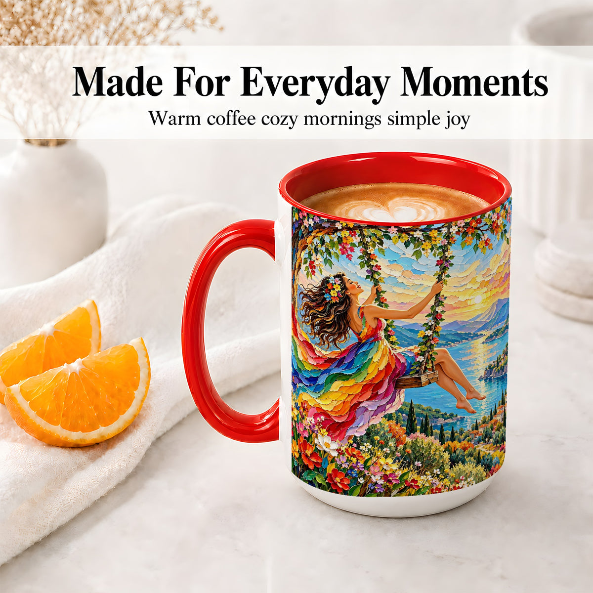 #pl[15oz|Red] Rainbow Swing Woman Accent Mug with Mountain Lake Scenic Artwork