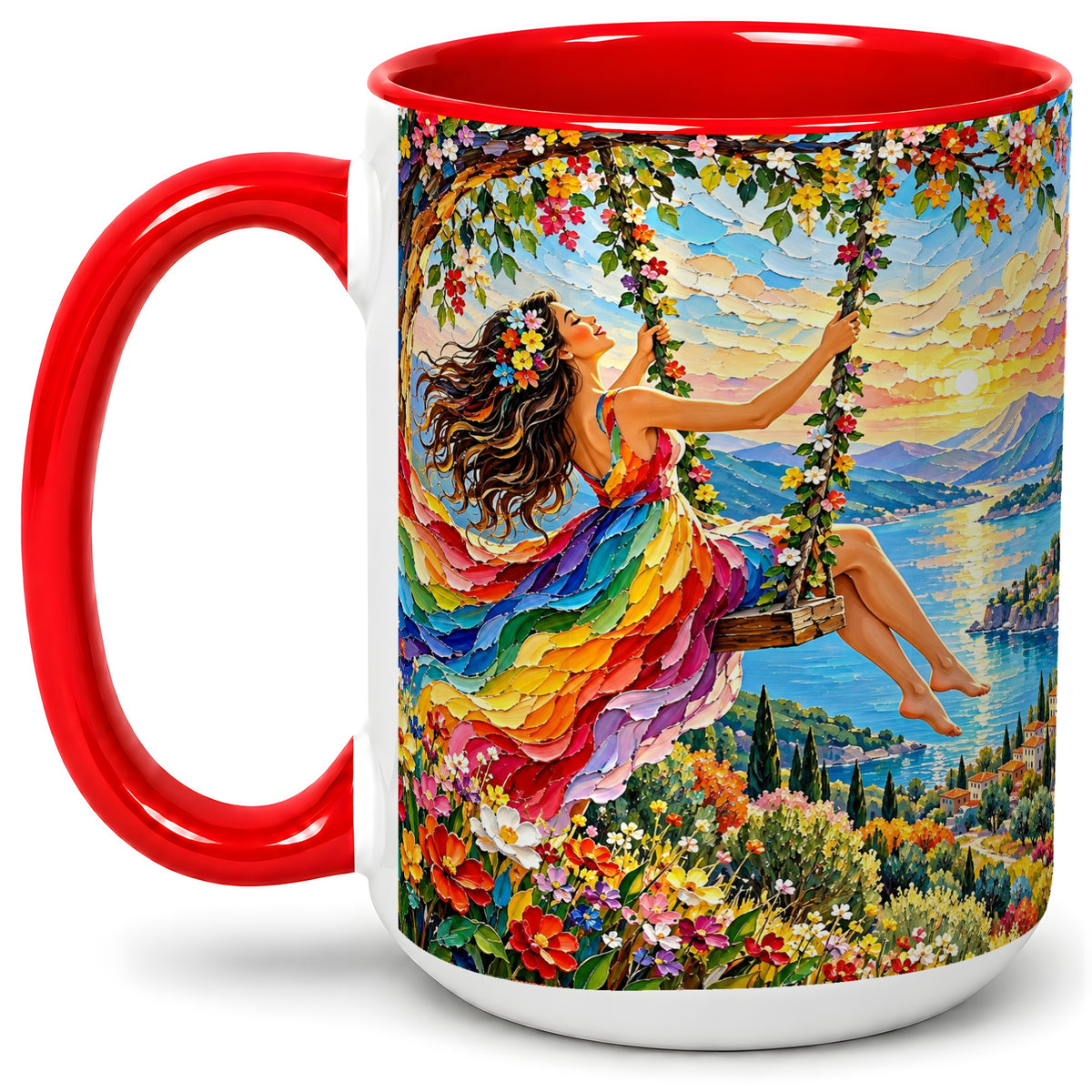#pl[15oz|Red] Rainbow Swing Woman Accent Mug with Mountain Lake Scenic Artwork
