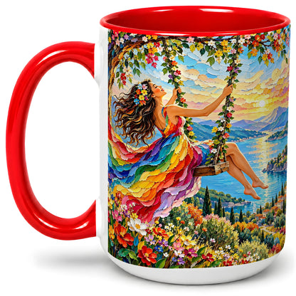#pl[15oz|Red] Rainbow Swing Woman Accent Mug with Mountain Lake Scenic Artwork