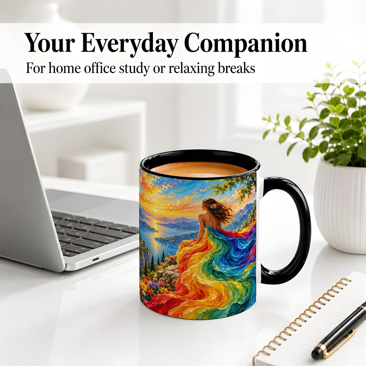 #pl[11oz|Black] Rainbow Sunset Woman Accent Mug with Scenic Lake Art for Coffee