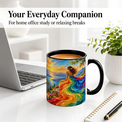 #pl[11oz|Black] Rainbow Sunset Woman Accent Mug with Scenic Lake Art for Coffee