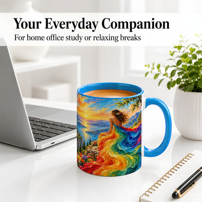 #pl[11oz|Blue] Rainbow Sunset Woman Accent Mug with Scenic Lake Art for Coffee