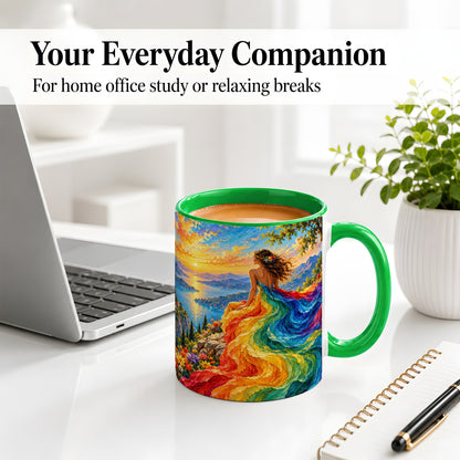 #pl[11oz|Green] Rainbow Sunset Woman Accent Mug with Scenic Lake Art for Coffee