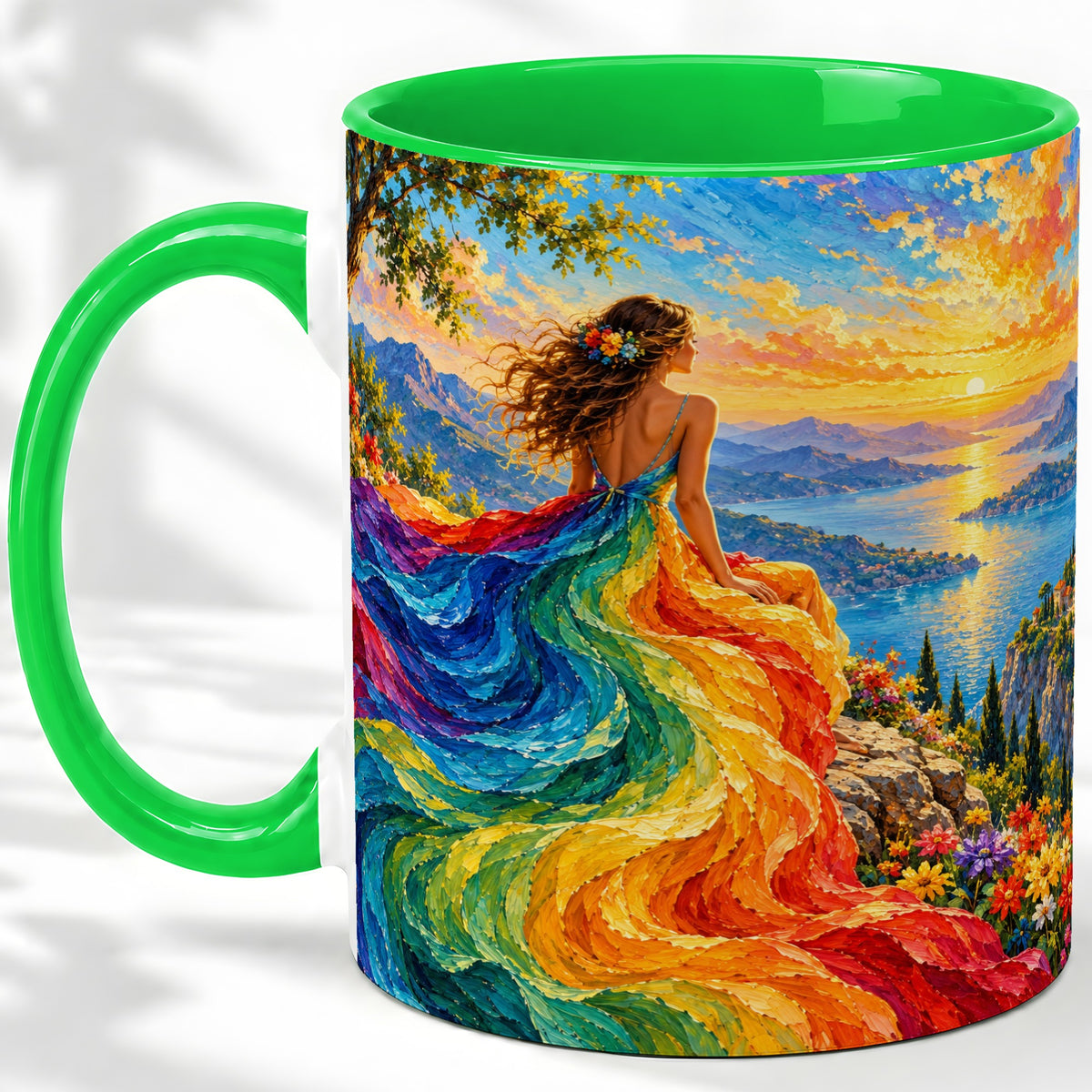 #pl[11oz|Green] Rainbow Sunset Woman Accent Mug with Scenic Lake Art for Coffee