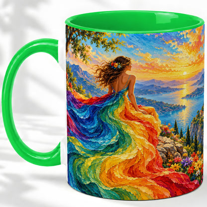 #pl[11oz|Green] Rainbow Sunset Woman Accent Mug with Scenic Lake Art for Coffee