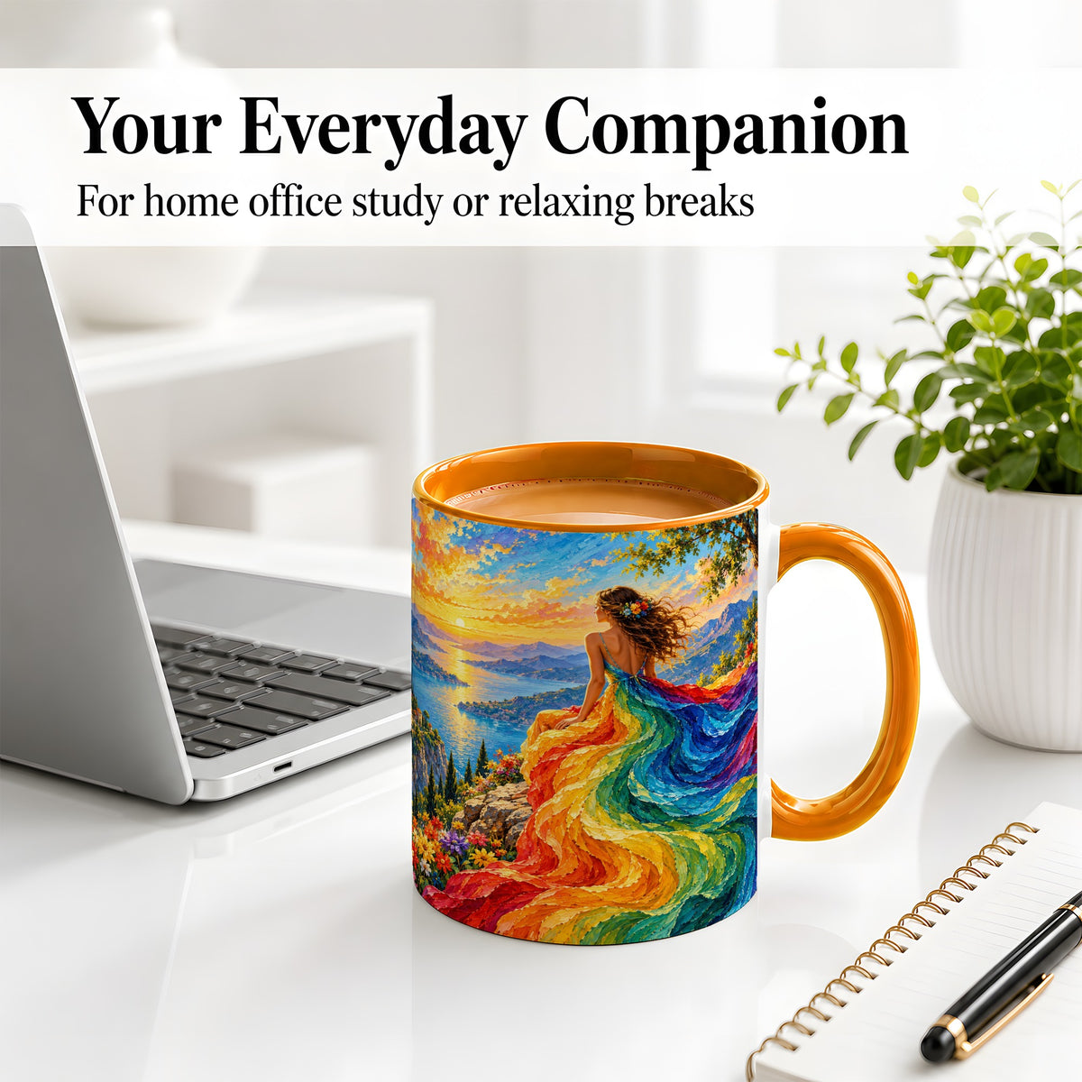 #pl[11oz|Orange] Rainbow Sunset Woman Accent Mug with Scenic Lake Art for Coffee