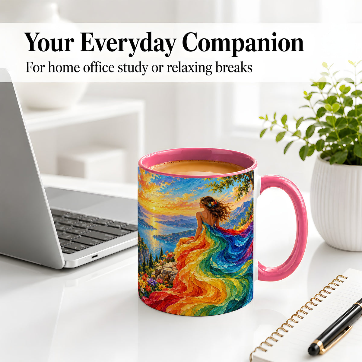 #pl[11oz|Pink] Rainbow Sunset Woman Accent Mug with Scenic Lake Art for Coffee