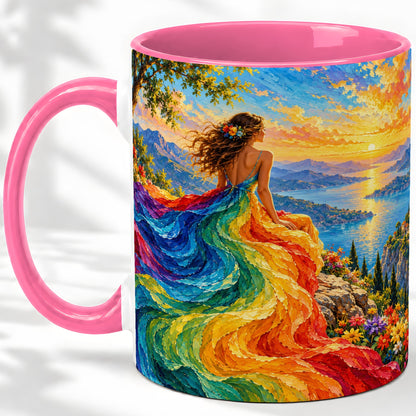 #pl[11oz|Pink] Rainbow Sunset Woman Accent Mug with Scenic Lake Art for Coffee