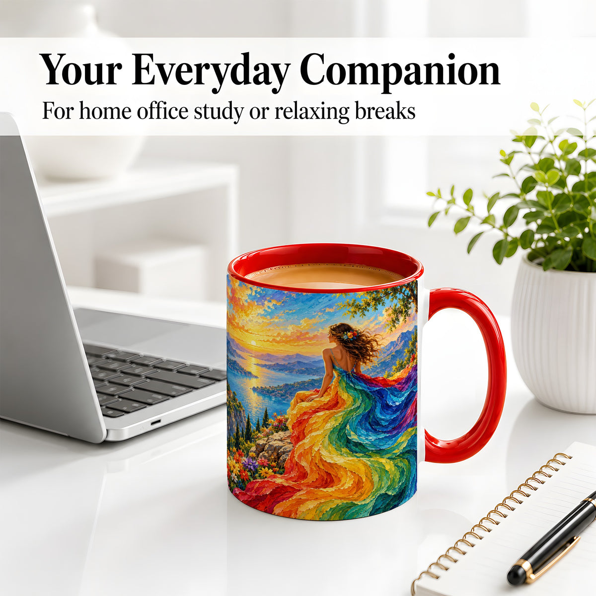 #pl[11oz|Red] Rainbow Sunset Woman Accent Mug with Scenic Lake Art for Coffee