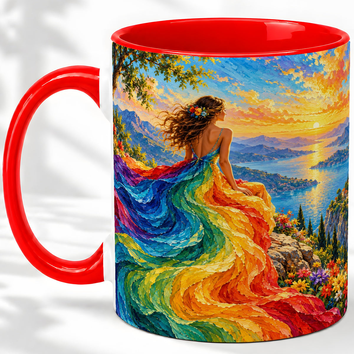 Rainbow Sunset Woman Accent Mug with Scenic Lake Art for Coffee