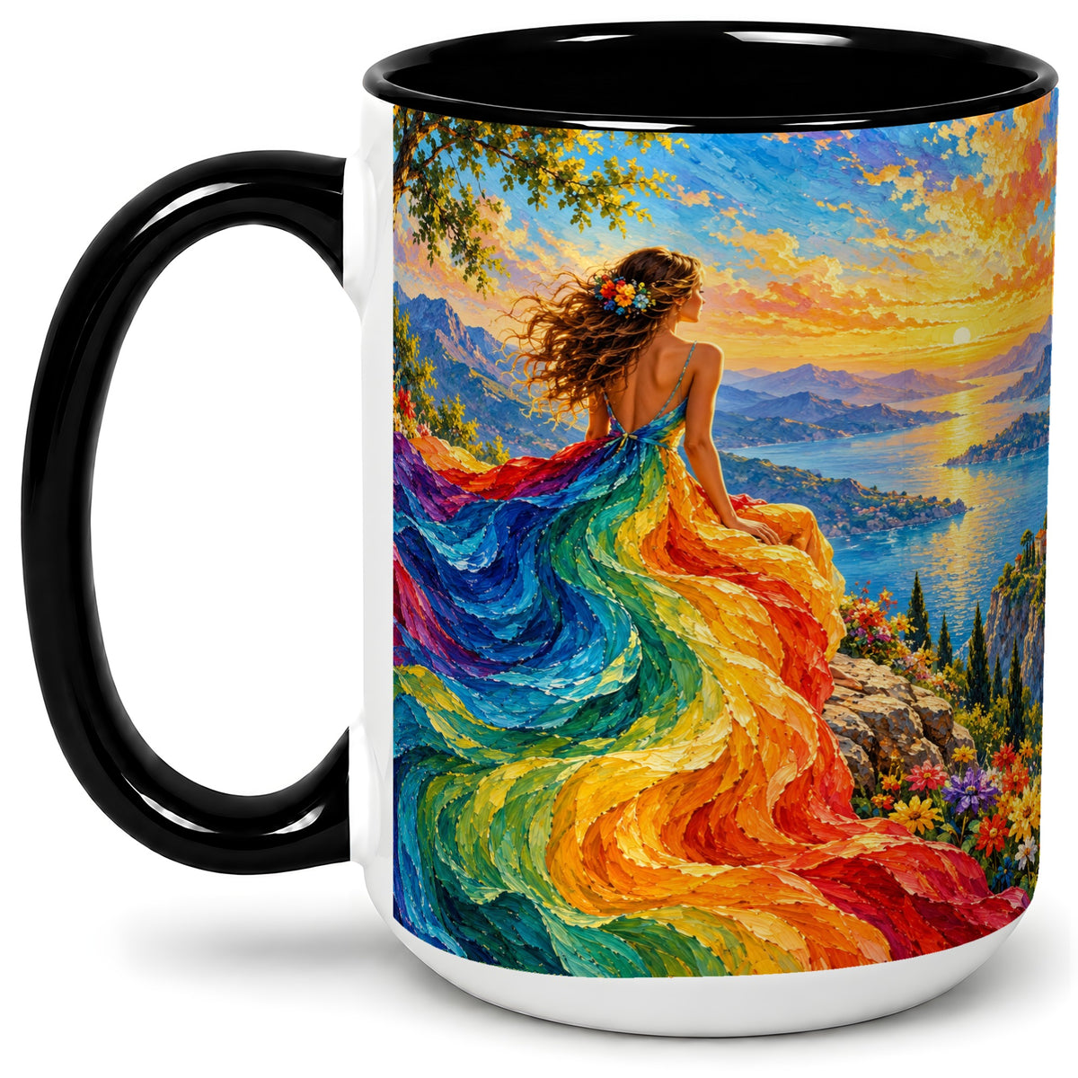 #pl[15oz|Black] Rainbow Sunset Woman Accent Mug with Scenic Lake Art for Coffee