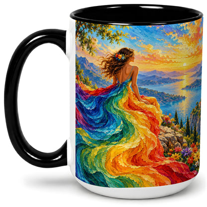 #pl[15oz|Black] Rainbow Sunset Woman Accent Mug with Scenic Lake Art for Coffee