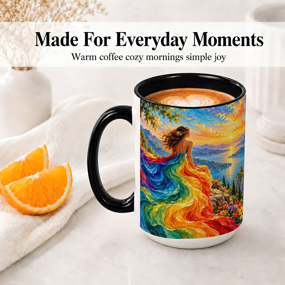 #pl[15oz|Black] Rainbow Sunset Woman Accent Mug with Scenic Lake Art for Coffee