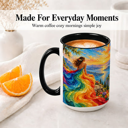#pl[15oz|Black] Rainbow Sunset Woman Accent Mug with Scenic Lake Art for Coffee