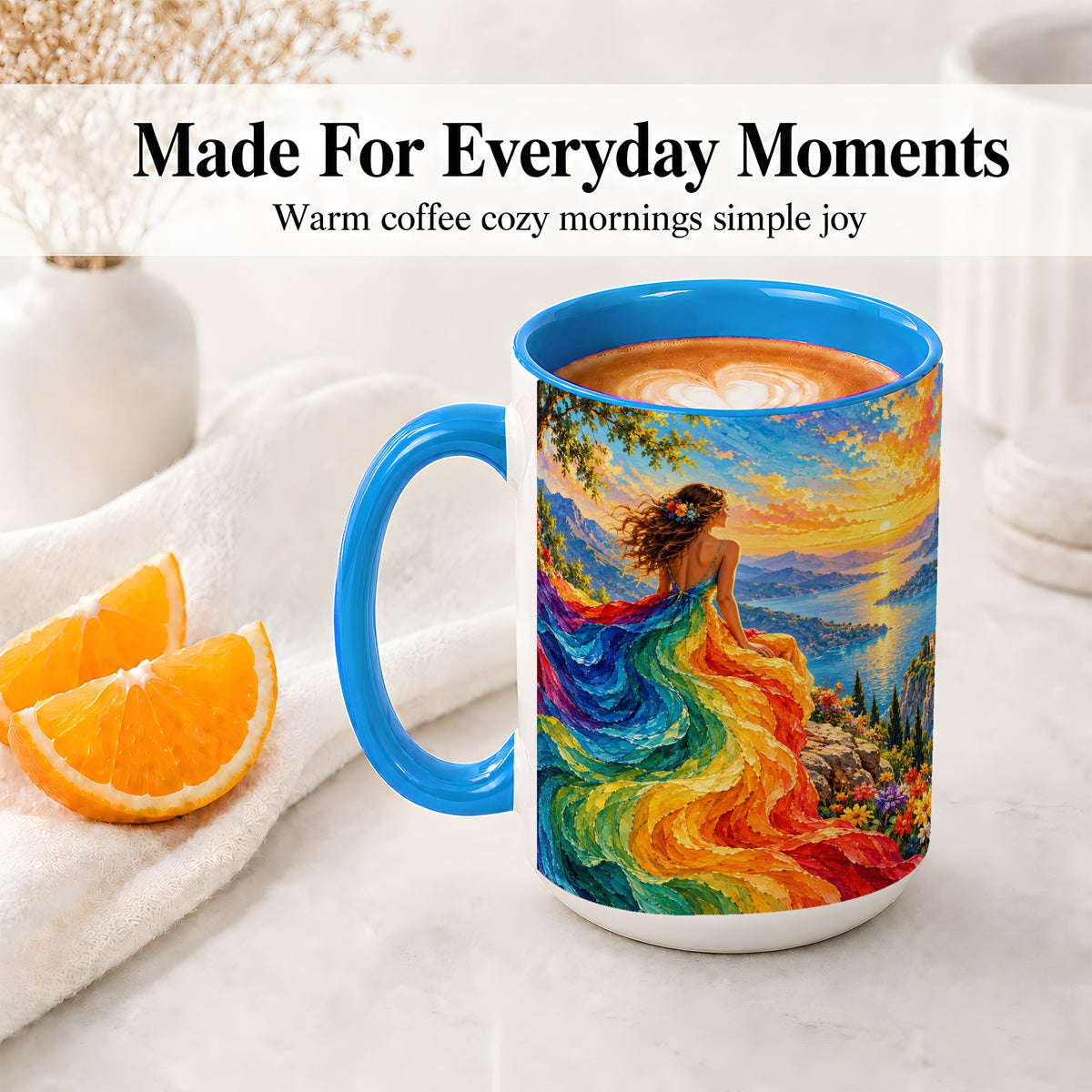 #pl[15oz|Blue] Rainbow Sunset Woman Accent Mug with Scenic Lake Art for Coffee