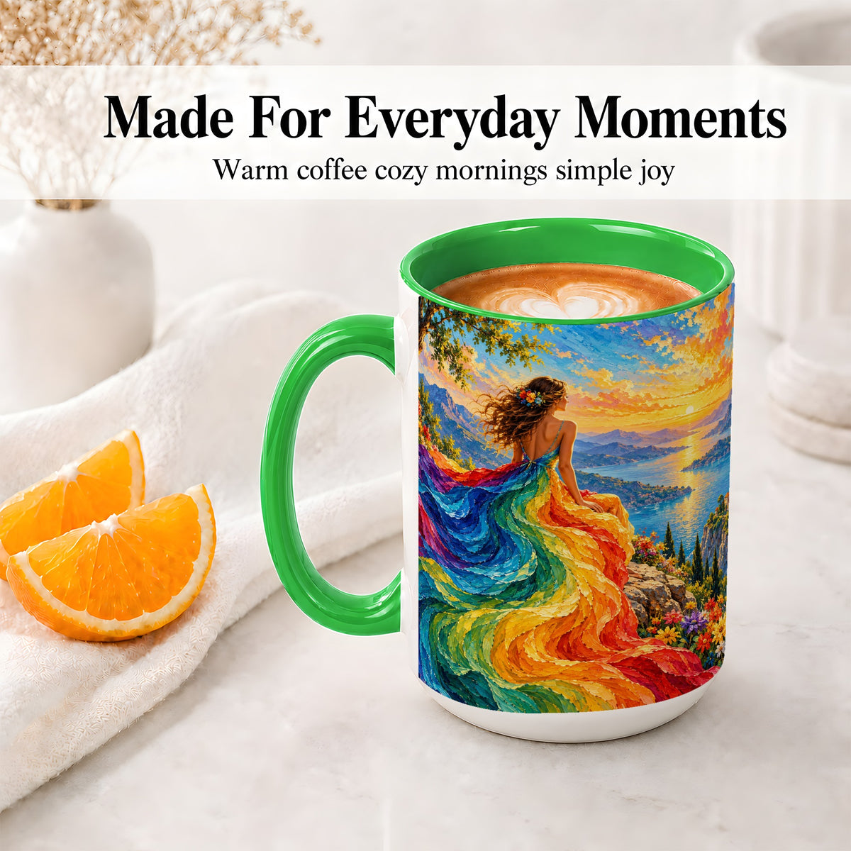 #pl[15oz|Green] Rainbow Sunset Woman Accent Mug with Scenic Lake Art for Coffee