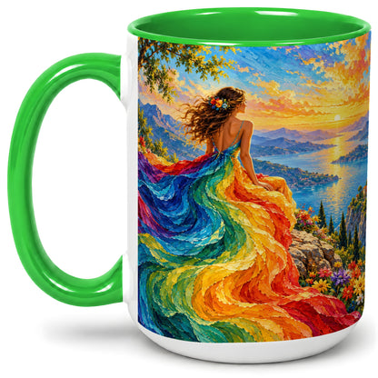 #pl[15oz|Green] Rainbow Sunset Woman Accent Mug with Scenic Lake Art for Coffee