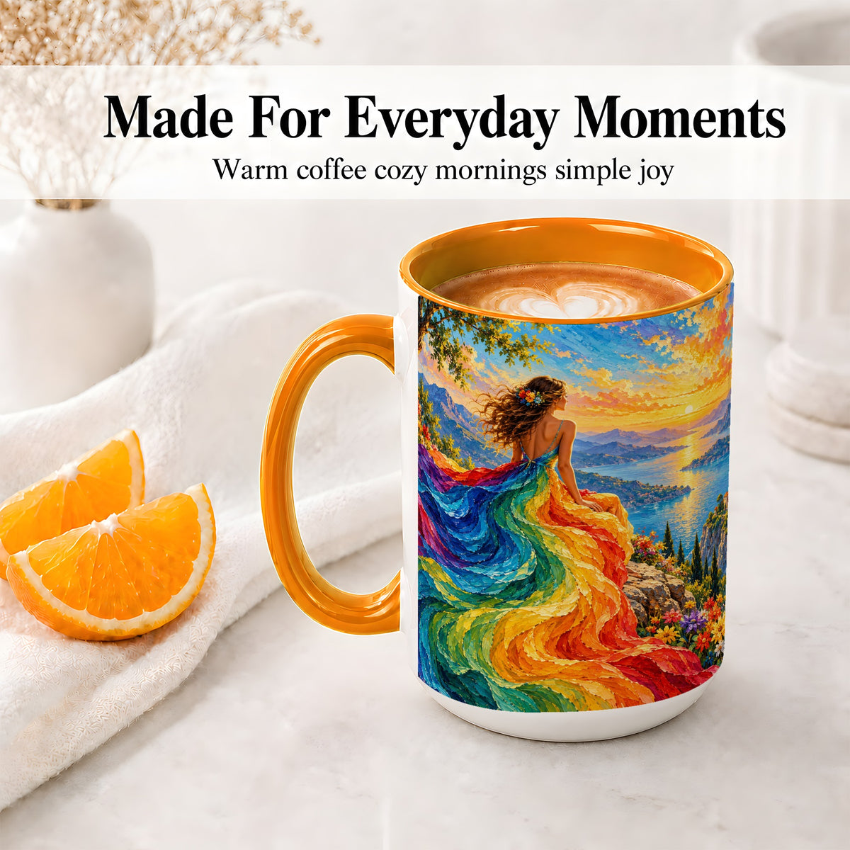 #pl[15oz|Orange] Rainbow Sunset Woman Accent Mug with Scenic Lake Art for Coffee