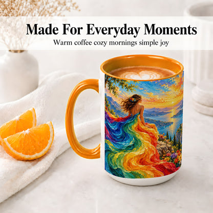 #pl[15oz|Orange] Rainbow Sunset Woman Accent Mug with Scenic Lake Art for Coffee