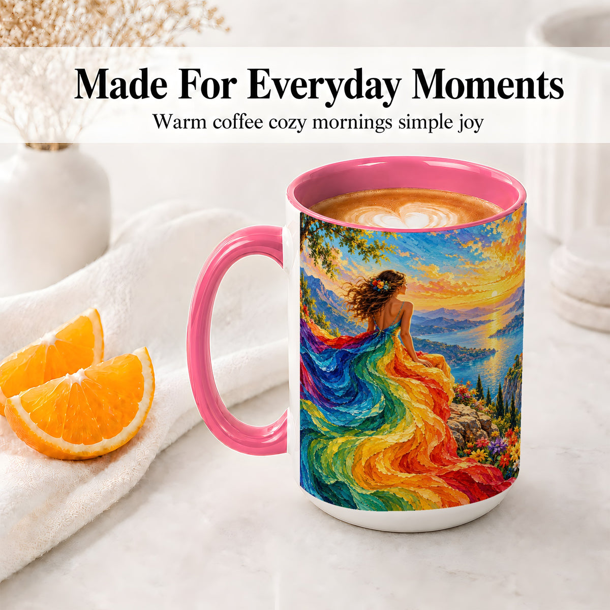 #pl[15oz|Pink] Rainbow Sunset Woman Accent Mug with Scenic Lake Art for Coffee