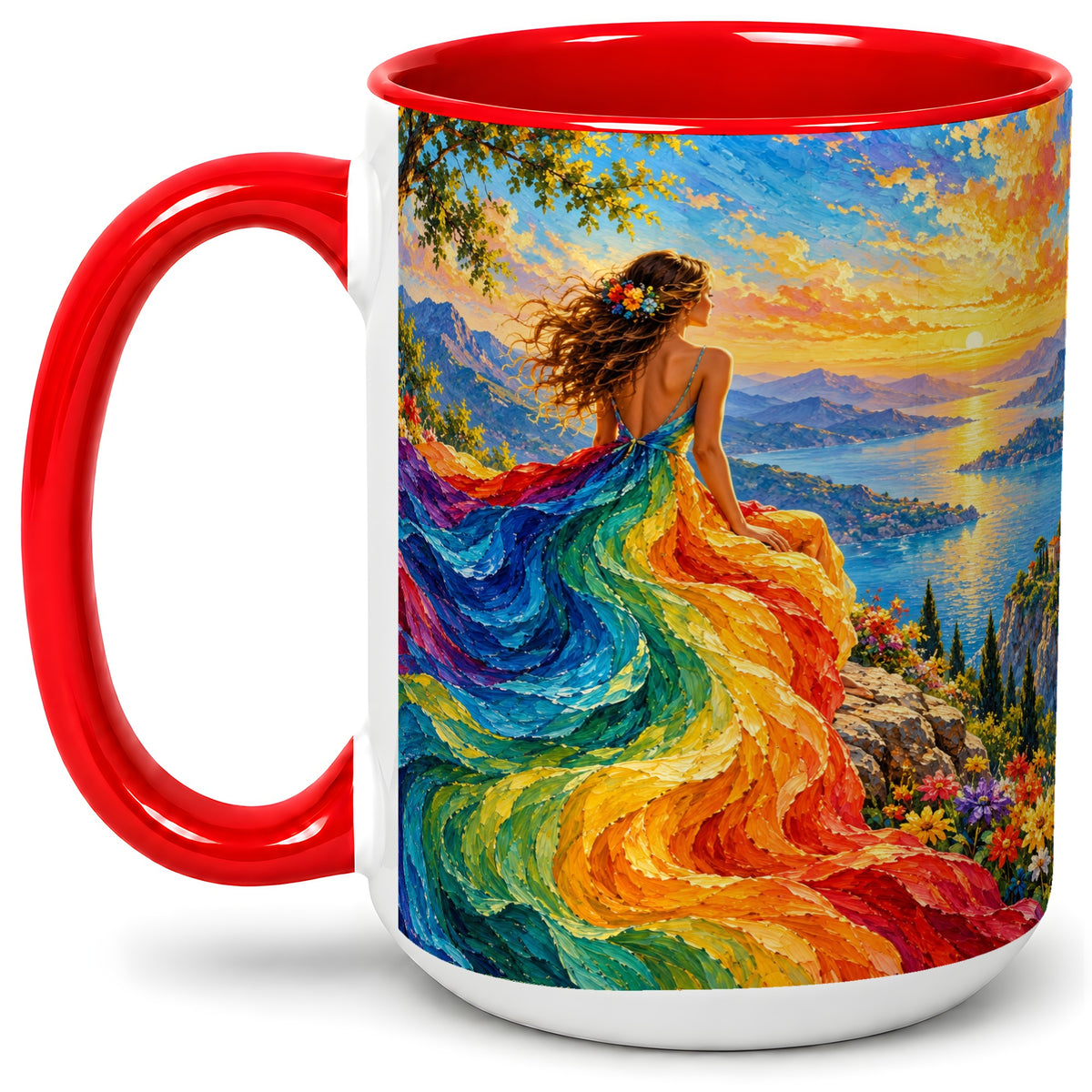 #pl[15oz|Red] Rainbow Sunset Woman Accent Mug with Scenic Lake Art for Coffee