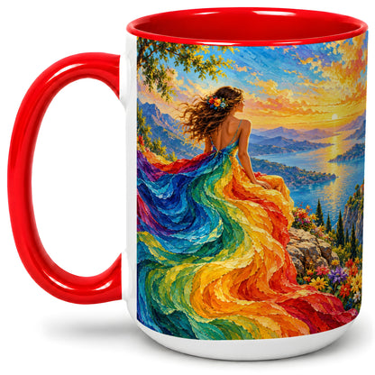 #pl[15oz|Red] Rainbow Sunset Woman Accent Mug with Scenic Lake Art for Coffee