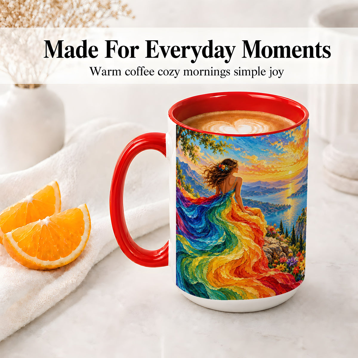#pl[15oz|Red] Rainbow Sunset Woman Accent Mug with Scenic Lake Art for Coffee