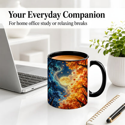#pl[11oz|Black] Autumn Moon Forest Accent Mug with Starry Night Artwork for Coffee