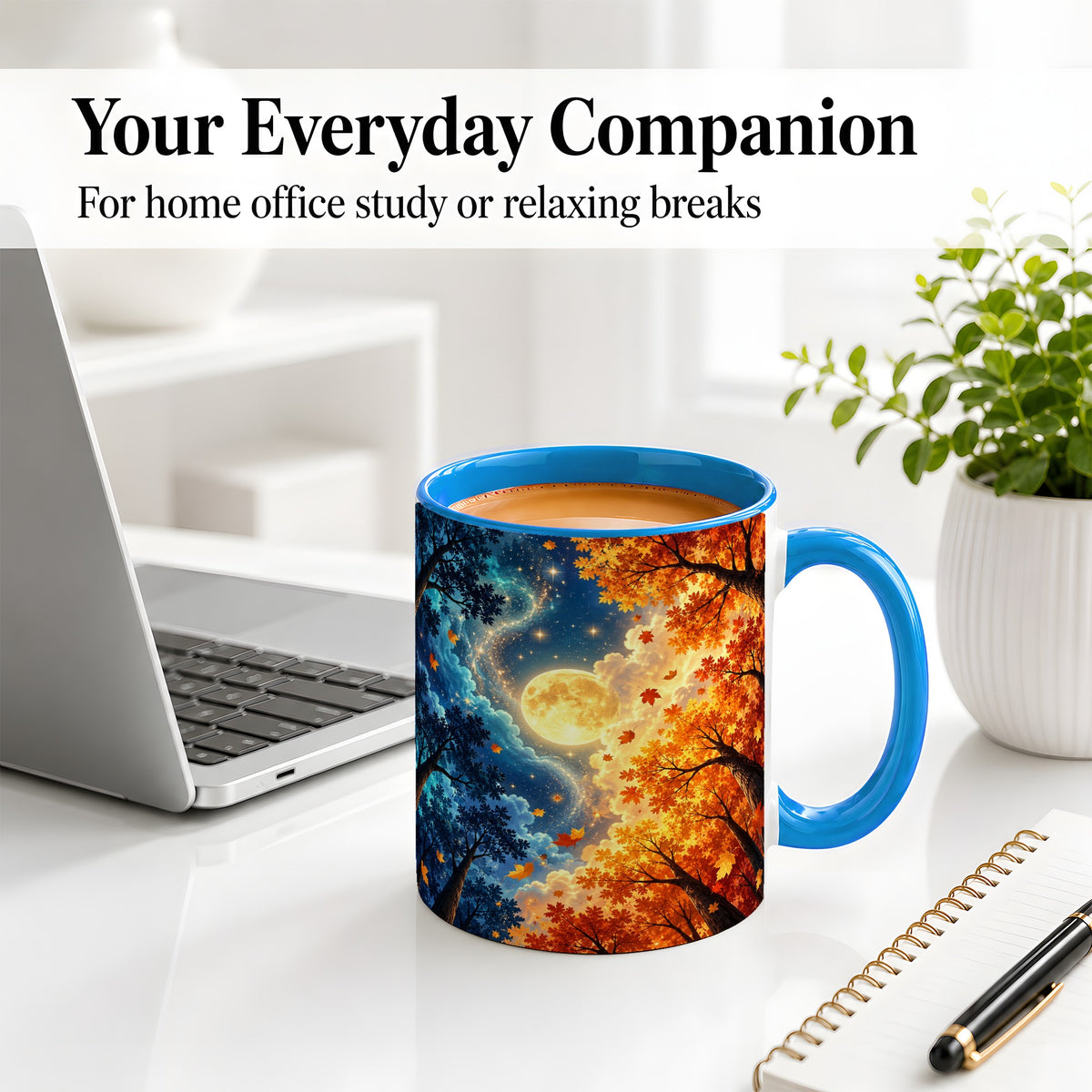 #pl[11oz|Blue] Autumn Moon Forest Accent Mug with Starry Night Artwork for Coffee