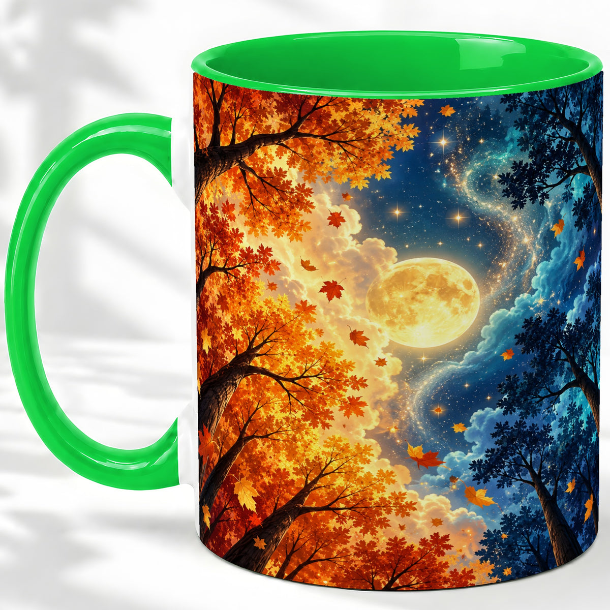 #pl[11oz|Green] Autumn Moon Forest Accent Mug with Starry Night Artwork for Coffee