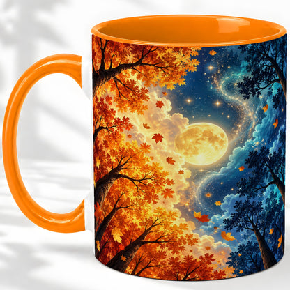 #pl[11oz|Orange] Autumn Moon Forest Accent Mug with Starry Night Artwork for Coffee
