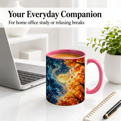 #pl[11oz|Pink] Autumn Moon Forest Accent Mug with Starry Night Artwork for Coffee