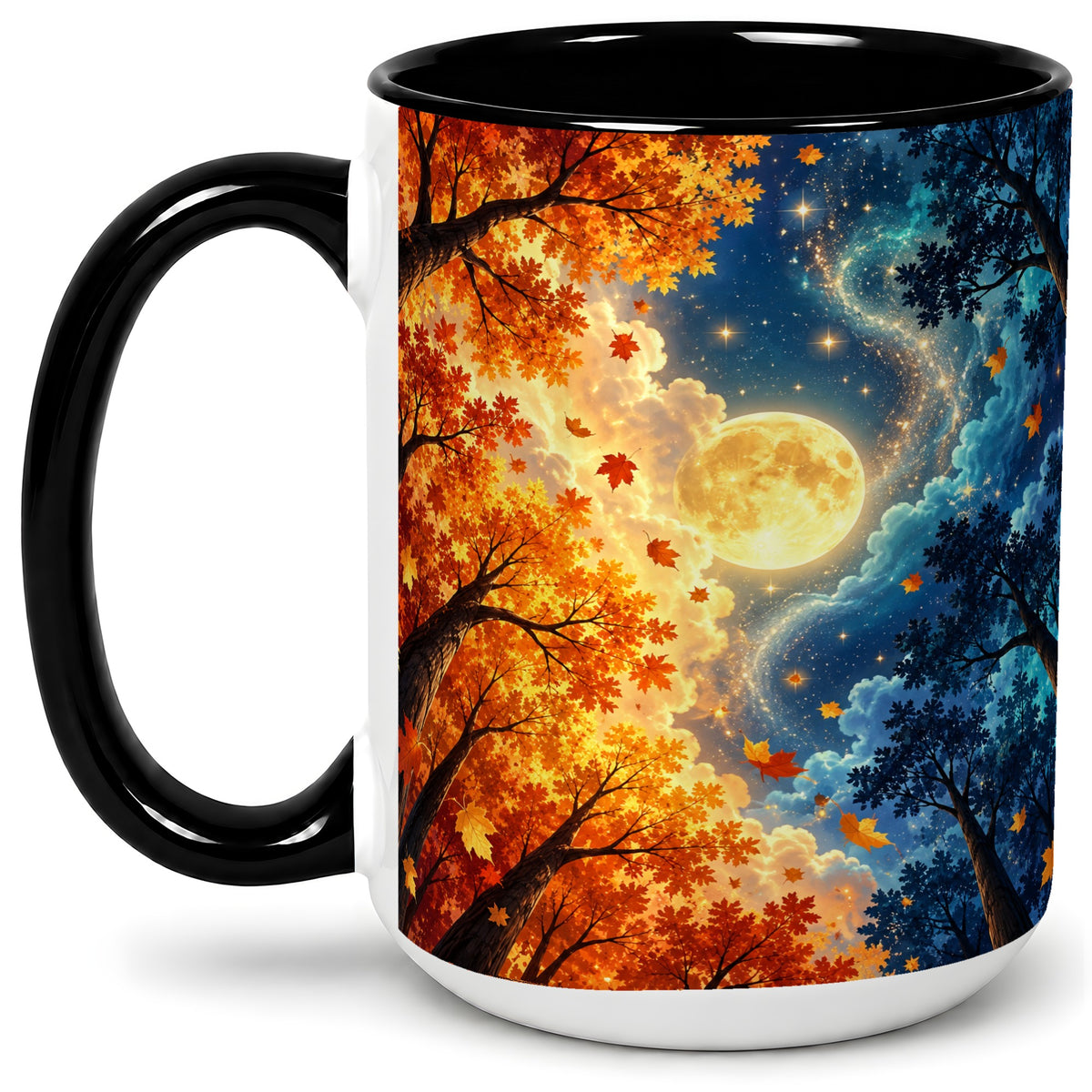 #pl[15oz|Black] Autumn Moon Forest Accent Mug with Starry Night Artwork for Coffee
