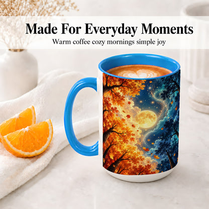 #pl[15oz|Blue] Autumn Moon Forest Accent Mug with Starry Night Artwork for Coffee