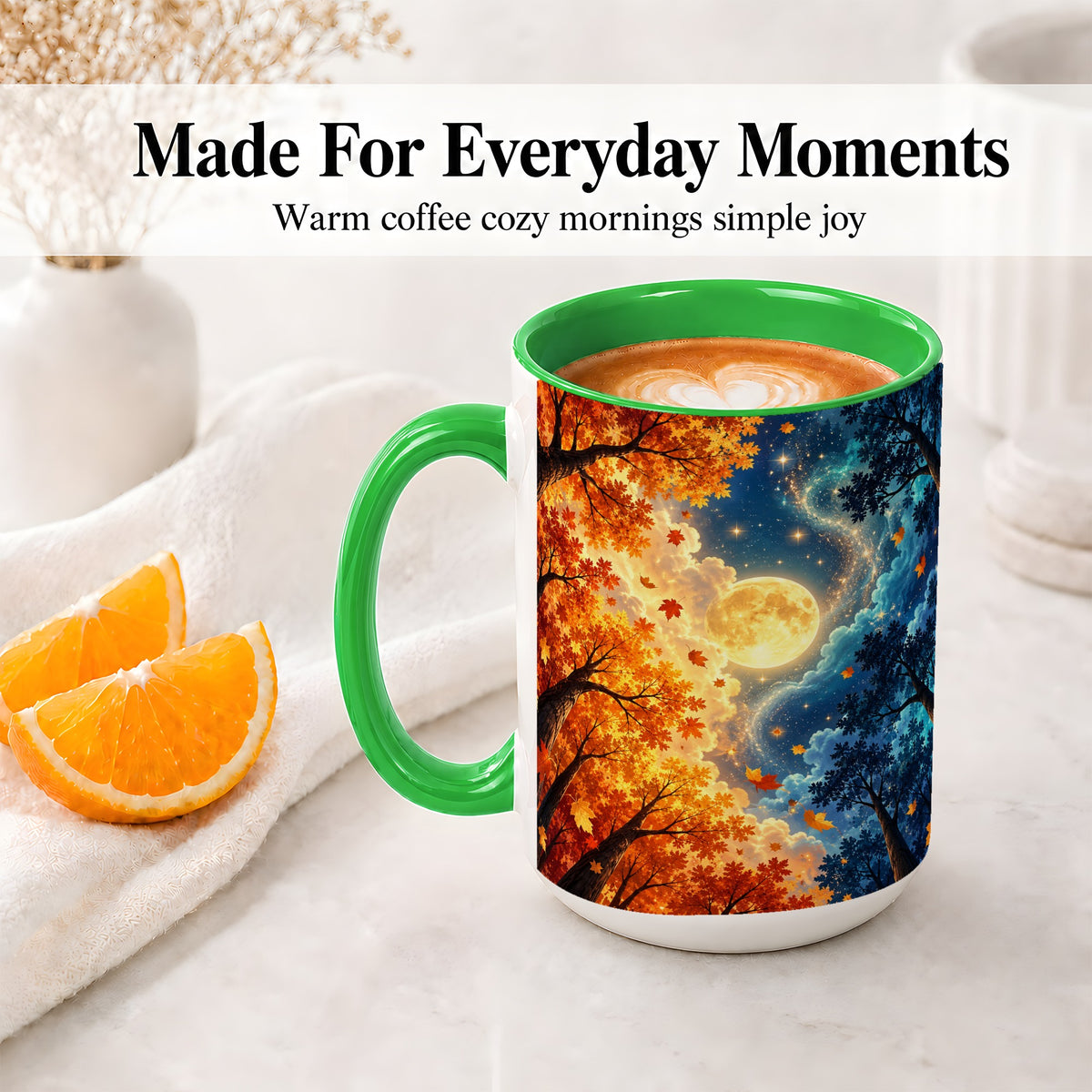 #pl[15oz|Green] Autumn Moon Forest Accent Mug with Starry Night Artwork for Coffee