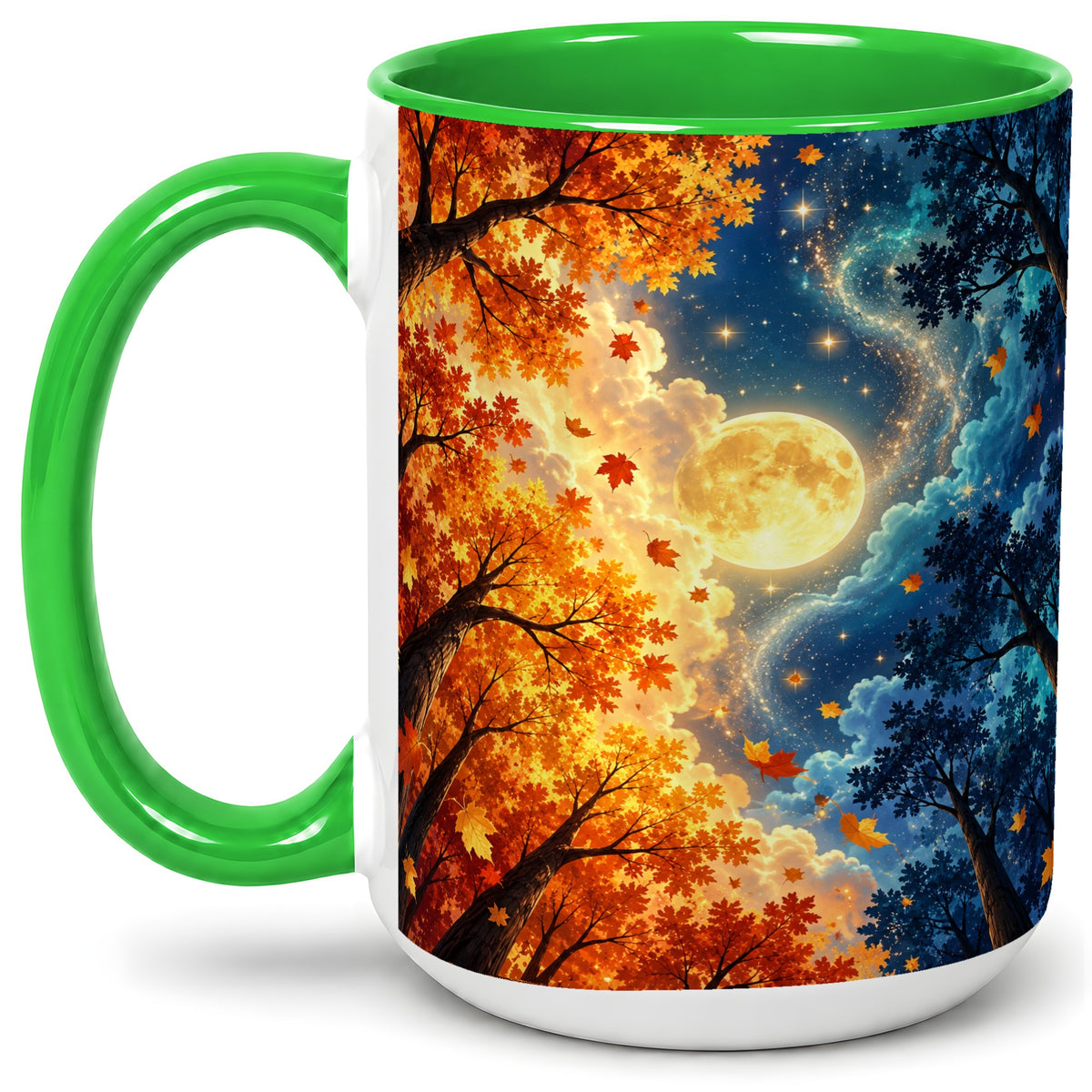 #pl[15oz|Green] Autumn Moon Forest Accent Mug with Starry Night Artwork for Coffee