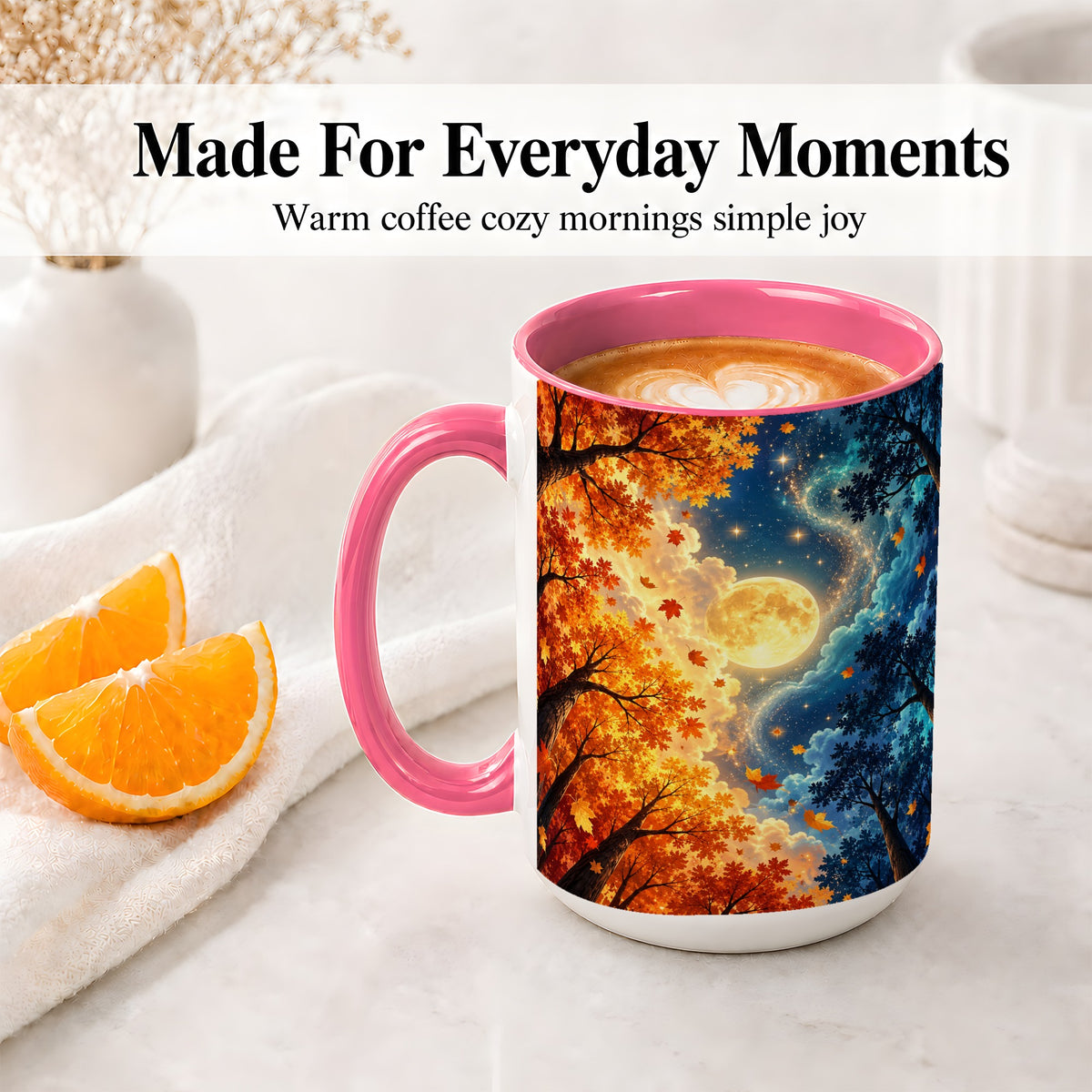 #pl[15oz|Pink] Autumn Moon Forest Accent Mug with Starry Night Artwork for Coffee
