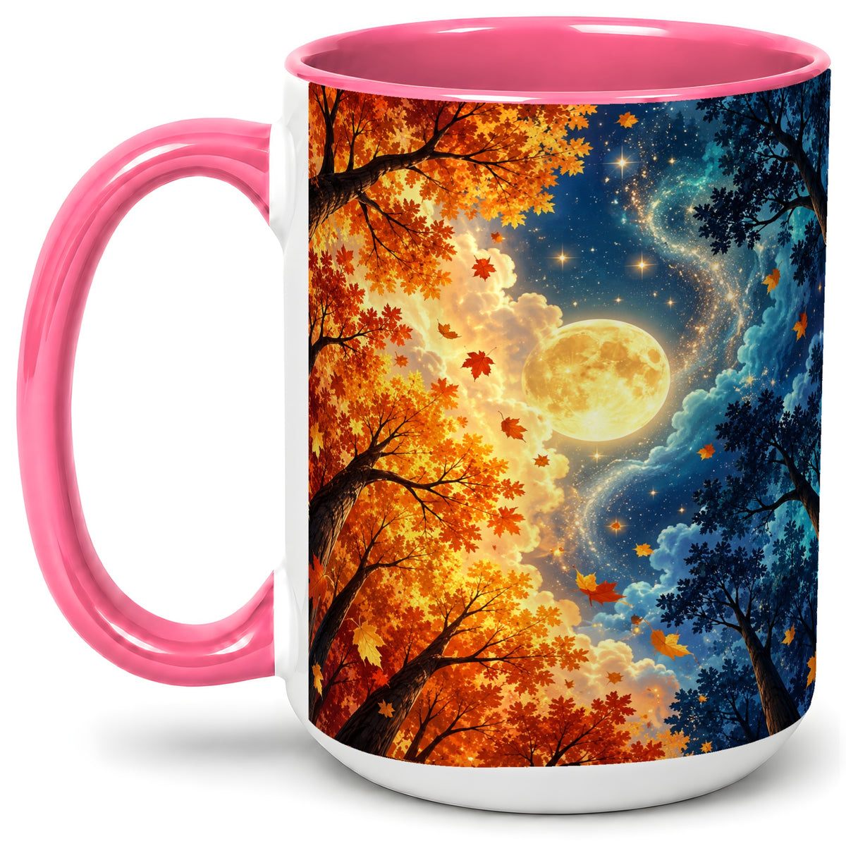 #pl[15oz|Pink] Autumn Moon Forest Accent Mug with Starry Night Artwork for Coffee