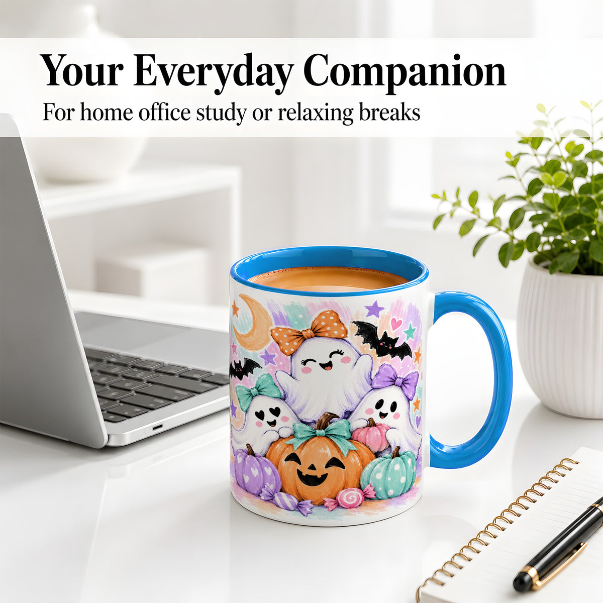 #pl[11oz|Blue] Pastel Halloween Ghost Accent Mug with Pumpkin Candy Art for Coffee